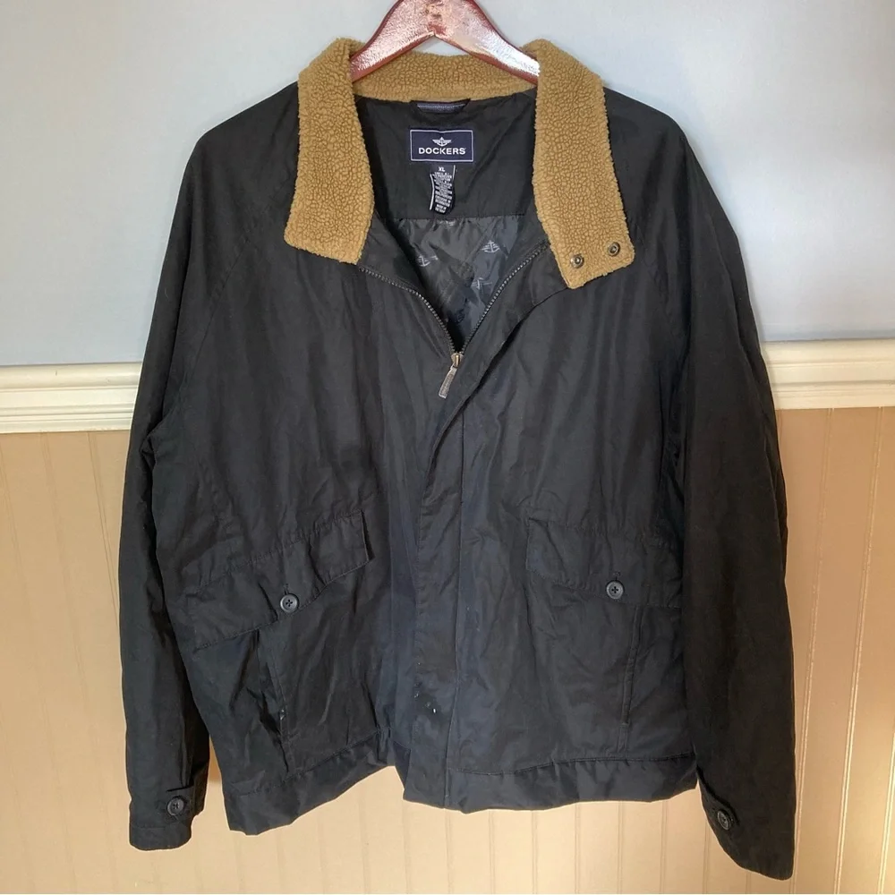 Dockers Barn Jacket Chore Coat Field Coat Men’s XL Sherpa-lined Collar Black Tan - Picture 1 of 15